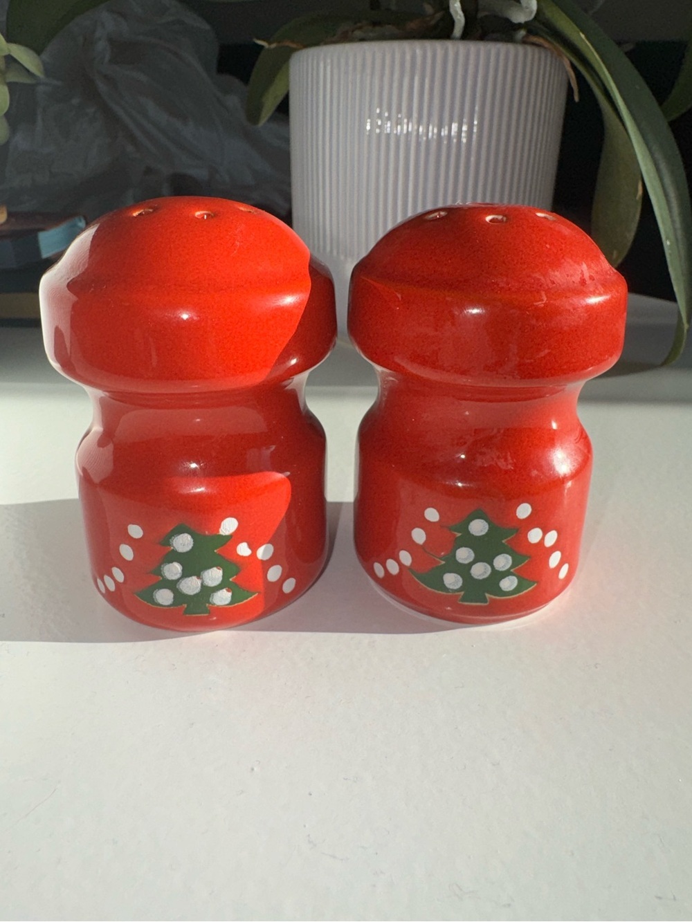 Waechtersbach Salt & Pepper Set-Red with Green Trees- Germany- 3.5”